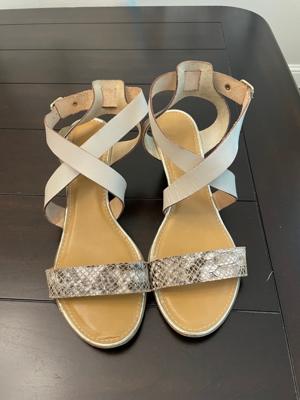 Coach and Four Beige Crisscross Wedge Sandals with Snake-Print Toe Strap